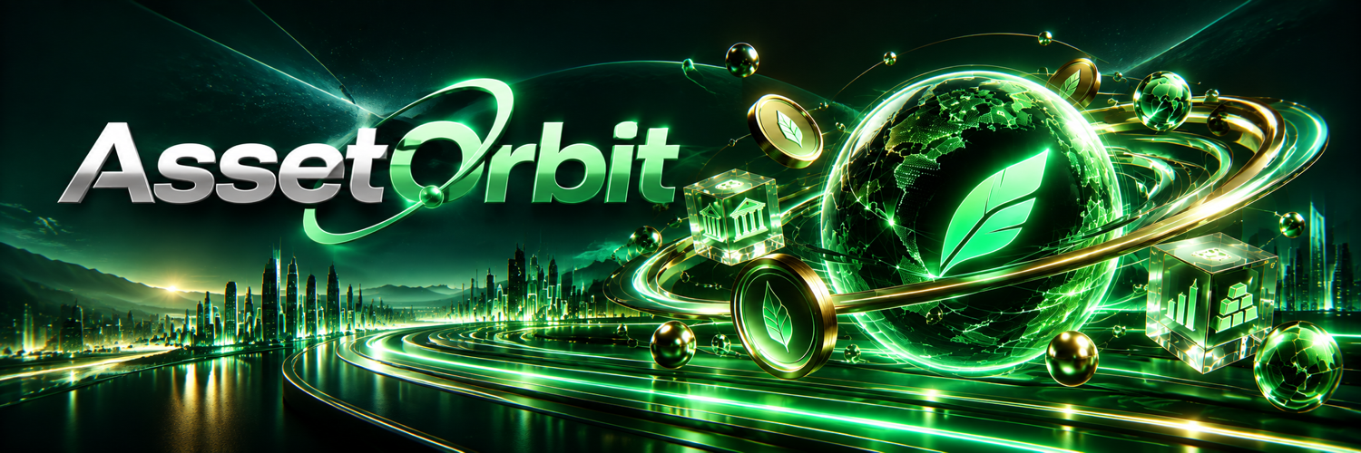 AssetOrbit wordmark beside a glowing orbital financial ecosystem